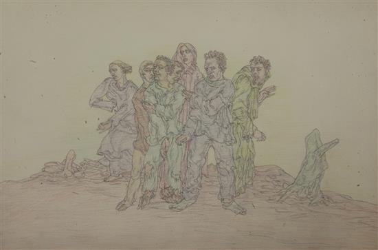 § Austin Osman Spare (1888-1956) Figures in a desolate landscape 8 x 13in. unframed